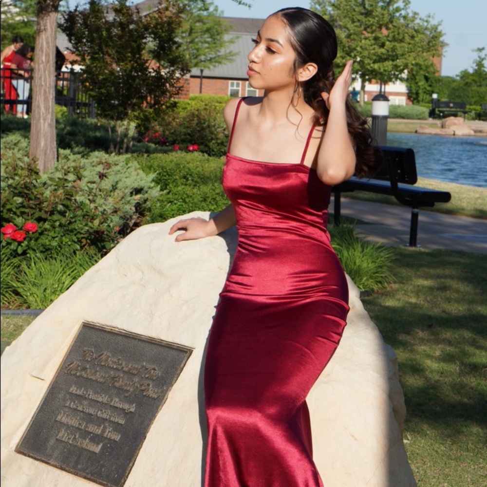 Burgundy satin body-con gown